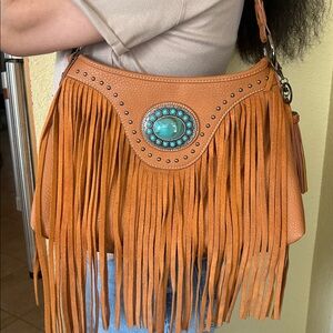 Fringed Tan Shoulder Bag with Turquoise Accent from Trinity Ranch
